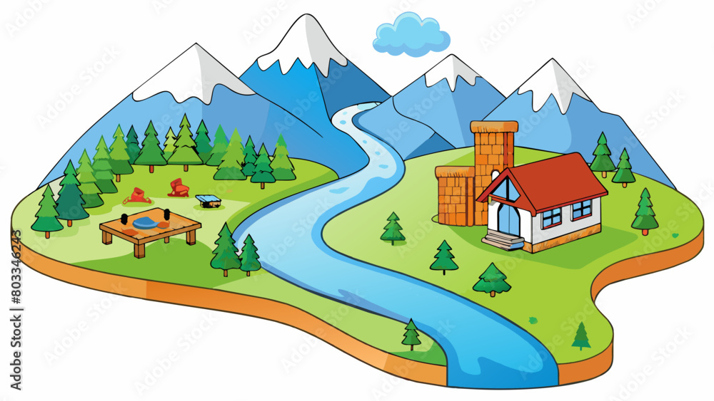 A country with rolling hills and majestic mountains their peaks dusted with snow even in the summer. A winding river runs through the valley its. Cartoon Vector