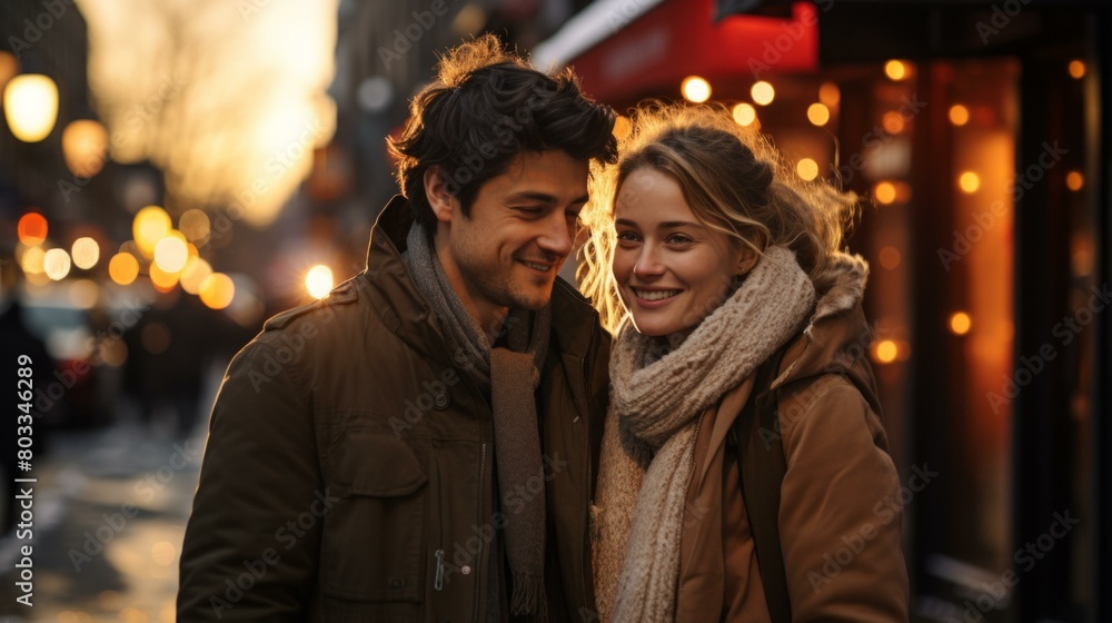 A young couple is smiling and walking down a busy street in the evening.