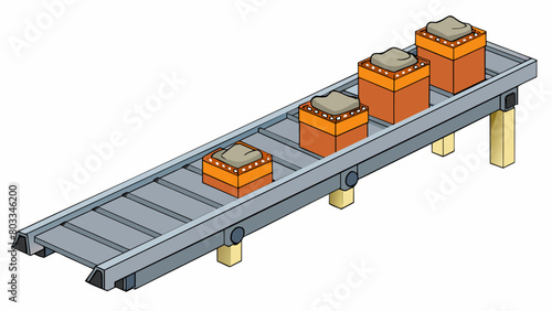 A conveyor belt made of interlocking metal plates transports heavy bags of cement to a loading dock. The strong metal plates smoothly glide along the. Cartoon Vector