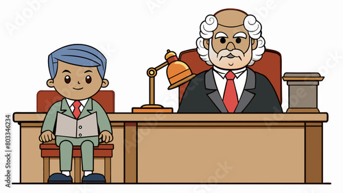 A courtroom scene with a judge sitting at a desk and a defendant standing in front of them.. Cartoon Vector