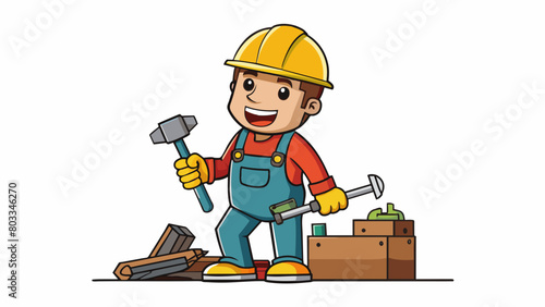 A construction worker on a job site wearing a hard hat and carrying a tool belt filled with various tools. They are using a jackhammer to break up. Cartoon Vector