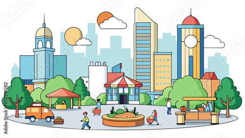 A country with a bustling city center filled with modern buildings and highrise skyscrs. A the concrete and glass there are small parks with fountains. Cartoon Vector