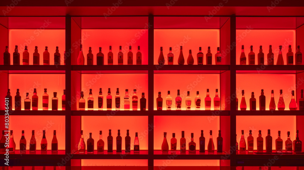 Red lit bottles of alcohol in bar, restaurant or liquor store