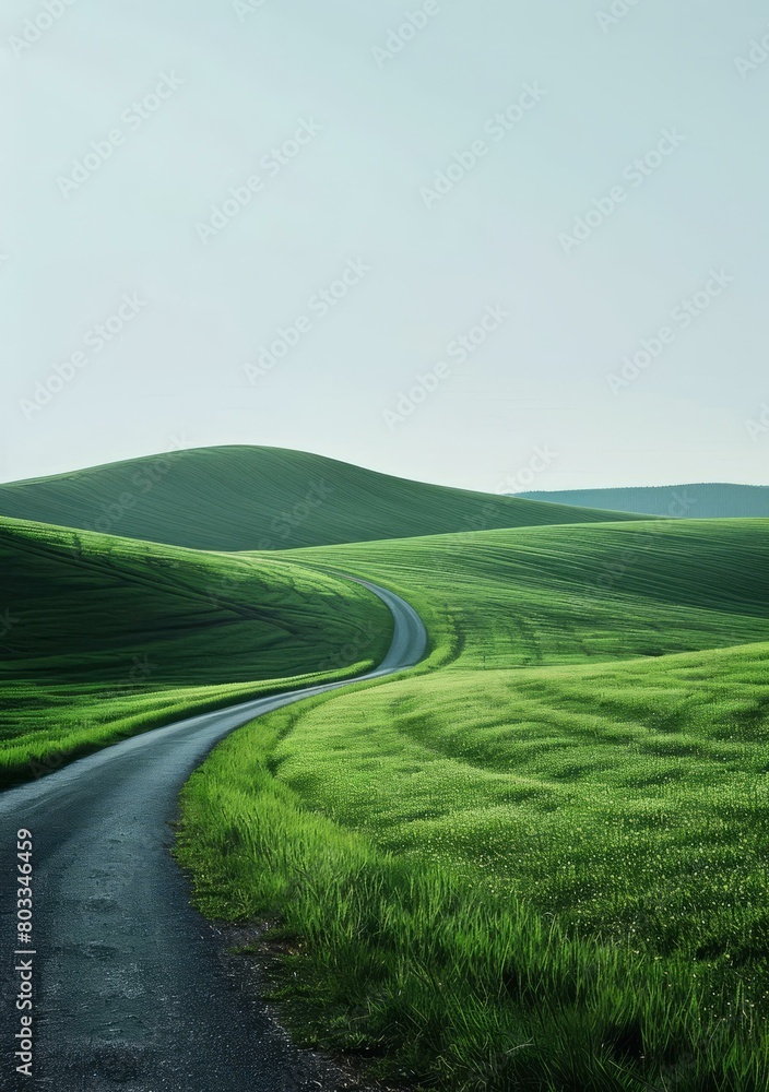 Scenic view of a winding road through green hills
