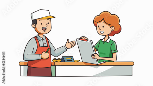 A customer ordering food at a restaurant A person standing at a counter speaking with a staff member and pointing to a menu. The staff member takes. Cartoon Vector