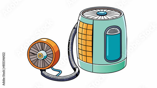 A cylindrical handheld air purifying device with a small fan and filter on one end. The other end has a long hose with a nozzle for directing filtered. Cartoon Vector