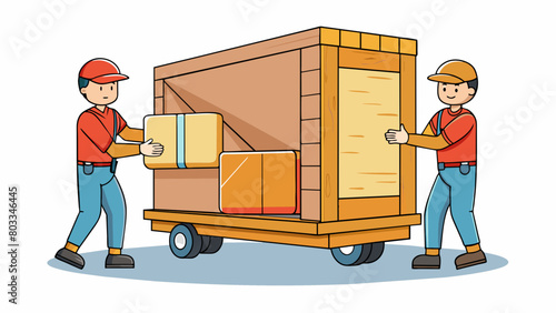 A delivery of new furniture consists of a large wooden crate being unloaded from a truck by two workers. The crate is marked with fragile stickers and. Cartoon Vector