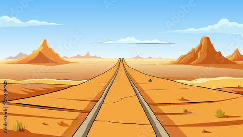 A deserted dirt road stretching through a barren desert landscape. The ground is dry and cracked and the road is covered in a layer of powdery dust.. Cartoon Vector