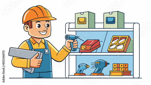 A customer at a hardware store is carefully examining a power tool turning it over in their hands and pressing the buttons to test its functionality.. Cartoon Vector