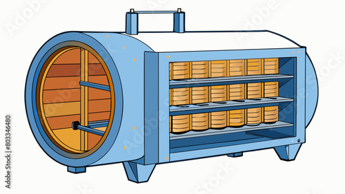 A cylindrical industrial oven with multiple shelves used for drying and curing industrial coatings. The interior of the oven is lined with. Cartoon Vector