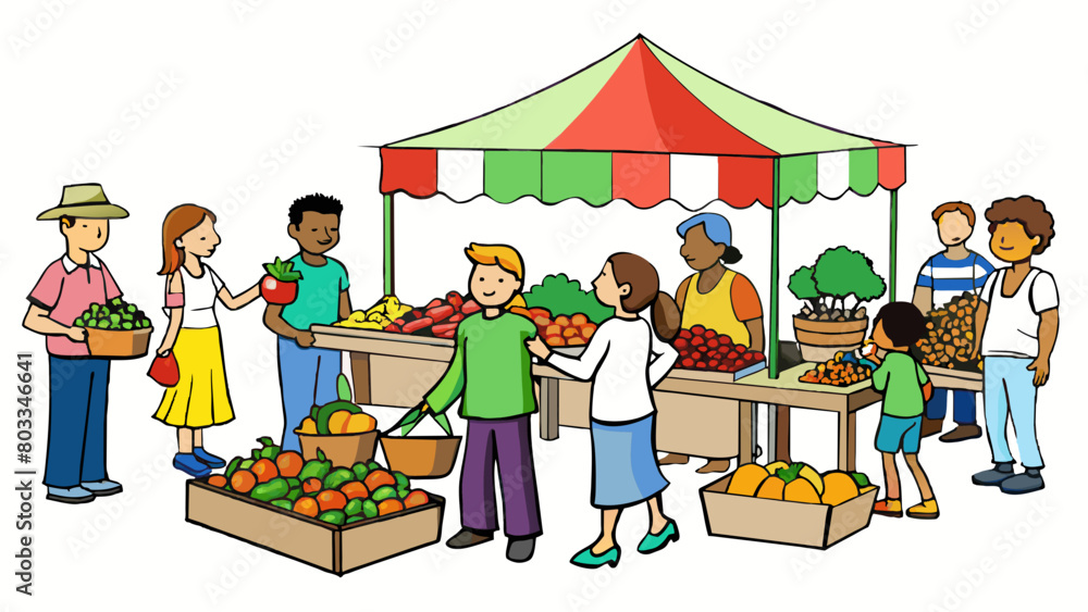 A farmers market with vendors selling locally grown fruits vegetables and homemade goods. The market is filled with colorful tents and bustling with. Cartoon Vector A farmers market with vendors selling locally grown fruits vegetables and homemade goods. The market is filled with colorful tents and bustling with. Cartoon Vector