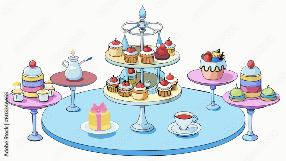 A fancy hightea celebration complete with fine china and delicate finger sandwiches. A tiered stand held miniature desserts of all sorts each one a. Cartoon Vector