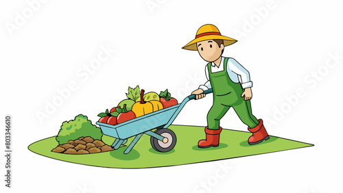 A farmer in a field pushing a wheelbarrow and harvesting vegetables. As they bend down to pluck ripe produce from the earth their hands are calloused. Cartoon Vector