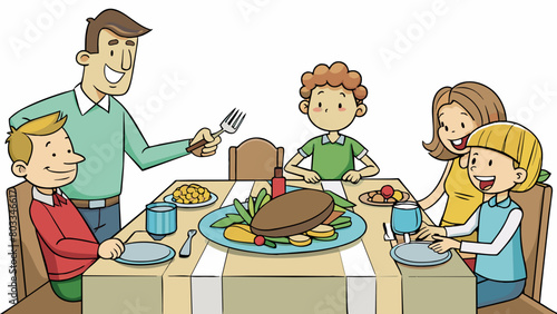 A family sitting around the dinner table with the father at the head carving a juicy roast with a large wellworn knife. The dining room is filled with. Cartoon Vector