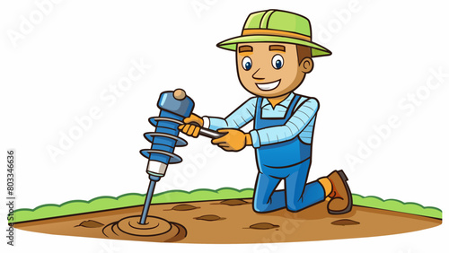A farmer guided a handheld auger into the soil creating holes for bulbs to be planted. The augers sharp spiraled tip made quick work of the soft earth. Cartoon Vector