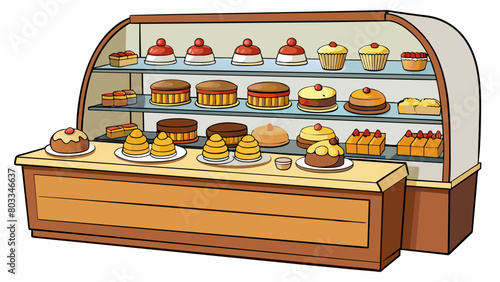 A familyowned bakery with a glass display case showcasing rows of delicious cakes pies and cookies. The business has a warm and welcoming ambiance and. Cartoon Vector