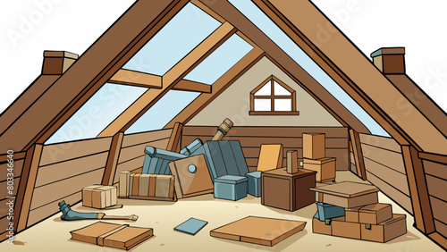 A dusty attic with wooden beams and slanted ceilings filled with old trunks cardboard boxes and antique books strewn across the floor.. Cartoon Vector