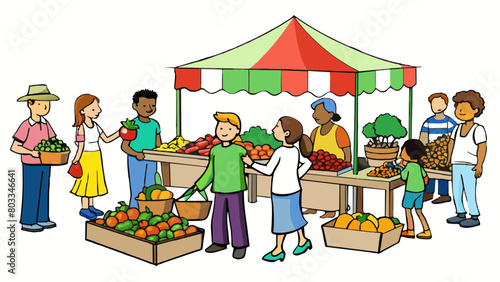 A farmers market with vendors selling locally grown fruits vegetables and homemade goods. The market is filled with colorful tents and bustling with. Cartoon Vector