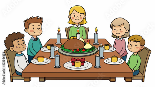 A family sitting around a beautifully decorated table adorned with candles and a homemade roast turkey. The table represents a sense of togetherness. Cartoon Vector