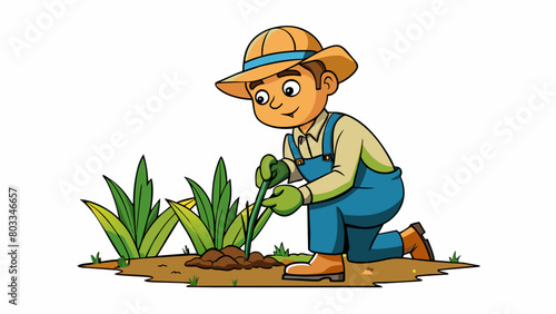 A farmer inspects his crops pulling off a leaf here and there to closely inspect for pests or disease. He also carefully checks the soil feeling for. Cartoon Vector