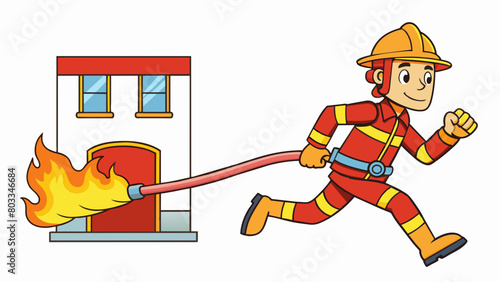A firefighter running into a burning building armed with only a fire hose and protective gear to save others without regard for their own safety.. Cartoon Vector