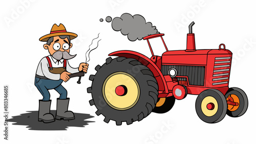 A farmers tractor has broken down in the middle of a field. Its usually vibrant red paint is faded and peeling due to years of use. Thick black smoke. Cartoon Vector