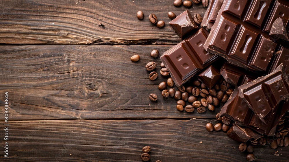 Chocolate pieces with coffee beans on wooden table, copy space Chocolate pieces with coffee beans on wooden table, copy space