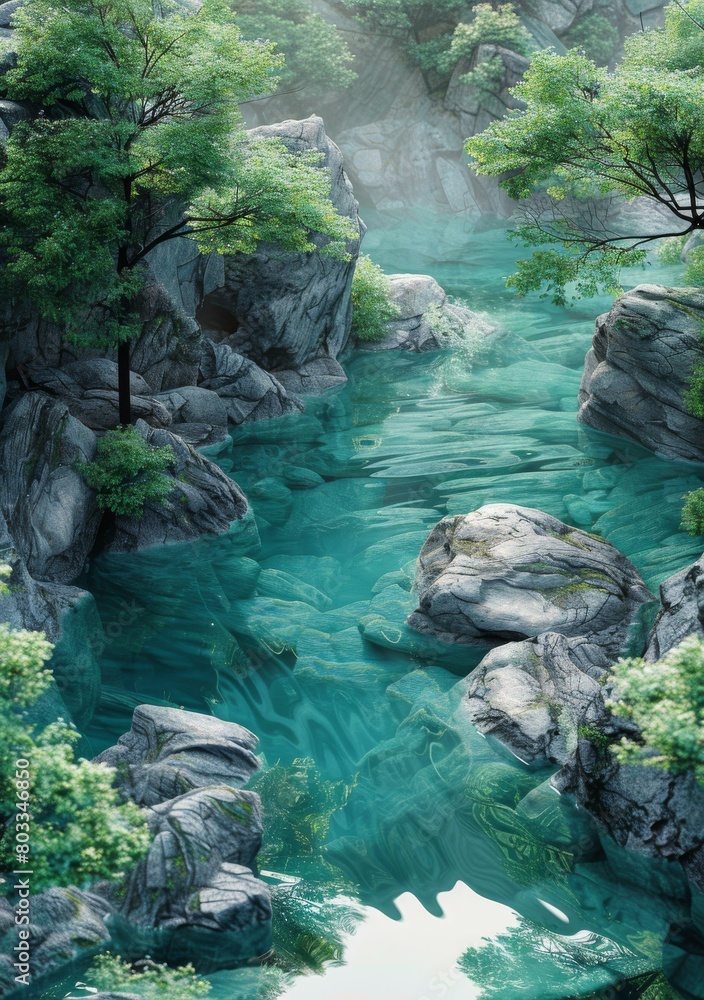 Naklejka premium rocks in the middle of the river with green trees on the bank