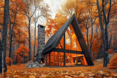 cozy aframe cabin surrounded by brilliant fall foliage stone chimney and glass facade forested landscape view architectural 3d illustration photo