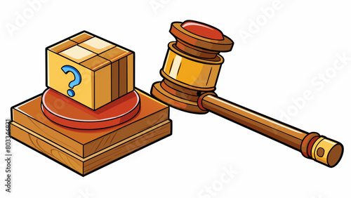 A gavel striking a wooden block portraying the finality and authority of a judgement being made. The wooden block is marked with a question mark. Cartoon Vector