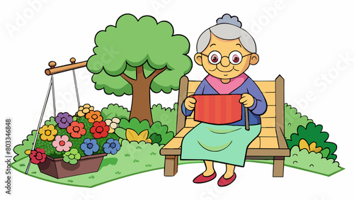 A gentle wrinkled grandmother perched on a porch swing overlooking a lush garden filled with blooming roses and vegetables. As she gently swings back. Cartoon Vector