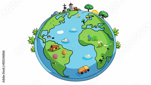 A globe with a variety of plants and animals surrounding it can represent a nations biodiversity and natural resources. Each plant and animal shows. Cartoon Vector