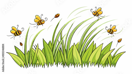 A gentle breeze blows through a meadow causing the tall blades of grass to sway and dance. The air is alive with the buzzing of bees and the chirping. Cartoon Vector