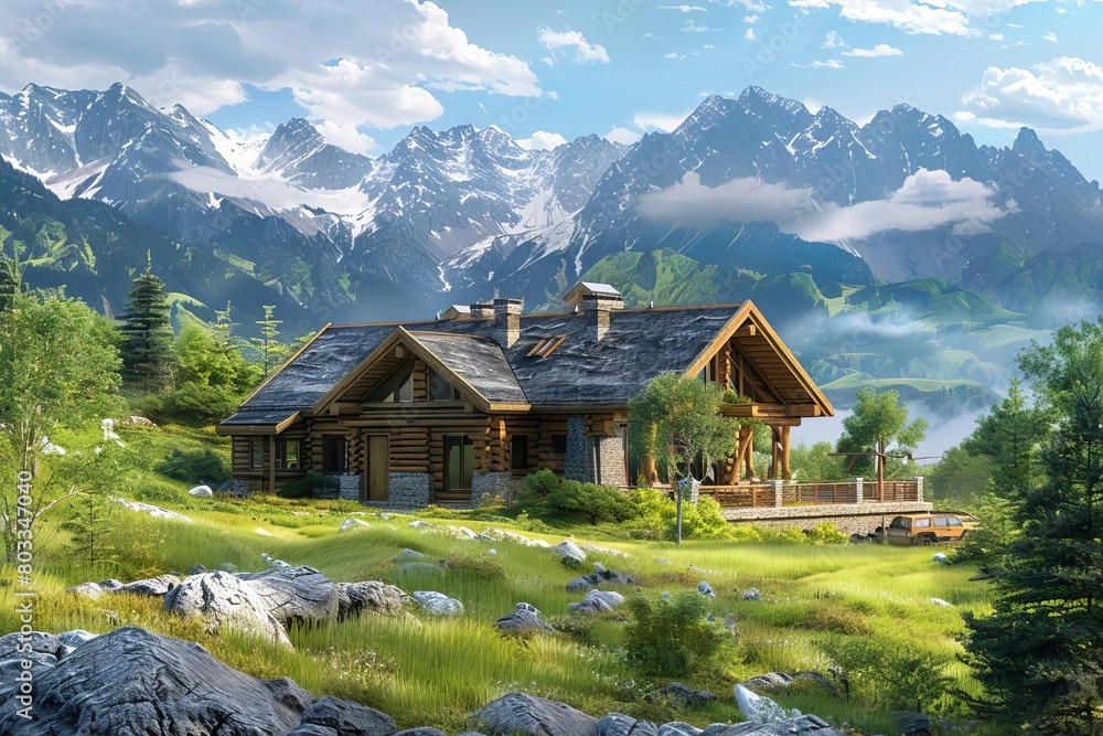 cozy mountain retreat rustic wooden house nestled in scenic landscape architectural exterior digital illustration