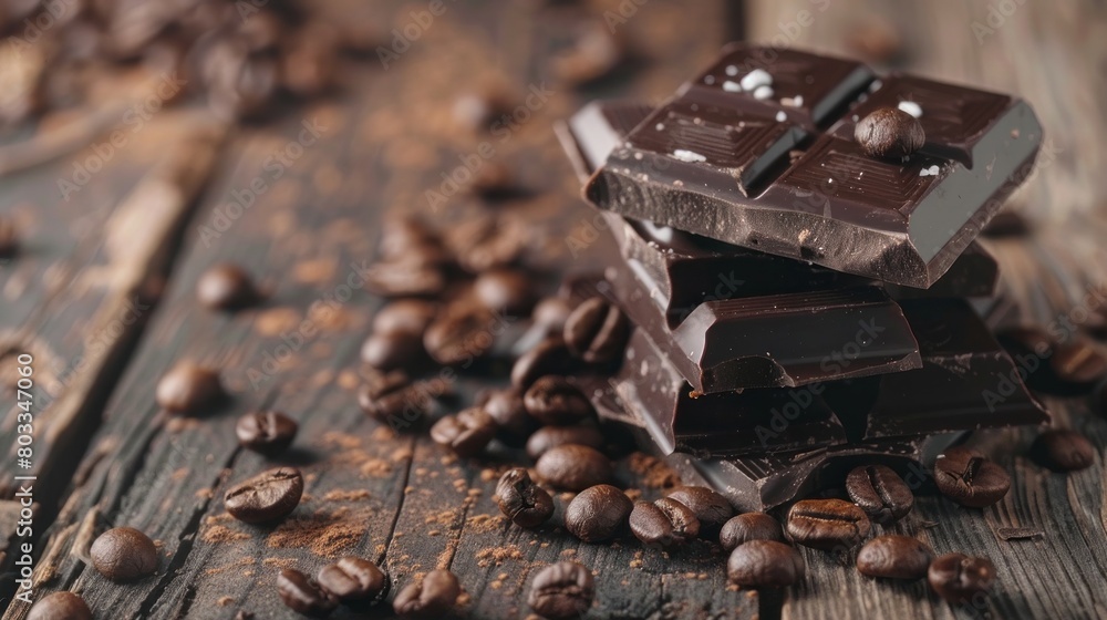 Chocolate pieces with coffee beans on wooden table, copy space Chocolate pieces with coffee beans on wooden table, copy space