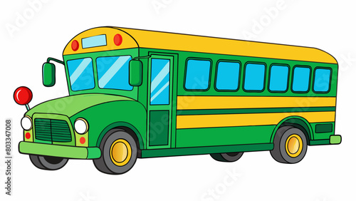 A green and yellow school bus with a rectangular shape and large windows. It has a stop sign that can extend and retract on the side and the doors. Cartoon Vector