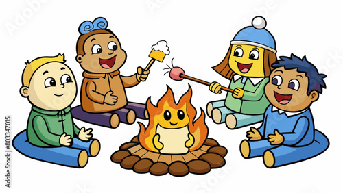 A group of friends sitting around a campfire each holding a stick with a marshmallow on the end as they slowly roast them with the intention of. Cartoon Vector