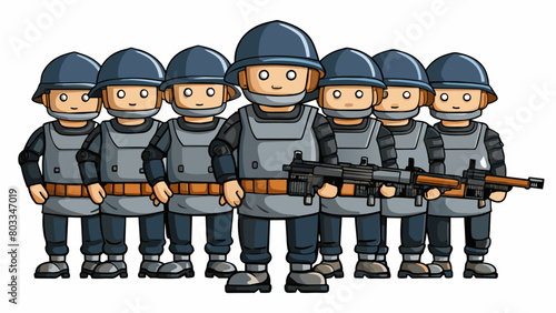 A group of officers in bulletproof vests and helmets standing in a tactical formation with guns drawn.. Cartoon Vector