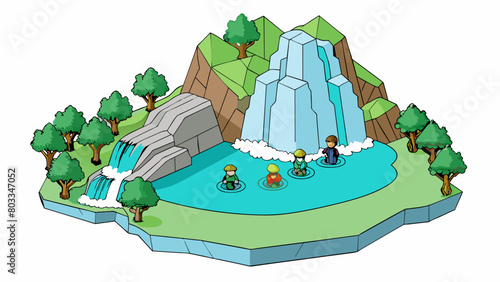 A group of hikers stopped to rest at a lush waterfall marveling at the smooth cool stones and crystalclear pools that glistened in the sunlight.. Cartoon Vector