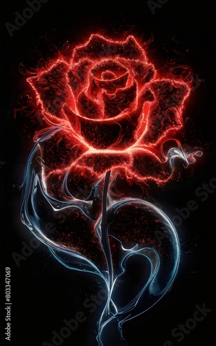 Ethereal Rose: Digital Abstract Masterpiece with Mesmerizing Water Silhouette, Thousands of Glowing Red and Black Particles, Intricate Petal Details, and Harmonious Fluid Tendrils, Symbolizing Harmony