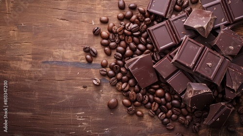 Chocolate pieces with coffee beans on wooden table, copy space