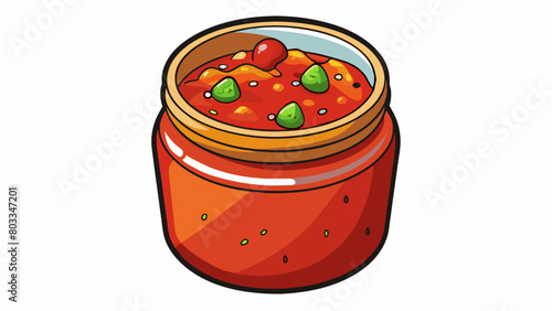 A jar of homemade salsa filled to the brim with a vibrant blend of fresh tomatoes y peppers and fragrant herbs. The explosion of flavors on the tongue. Cartoon Vector