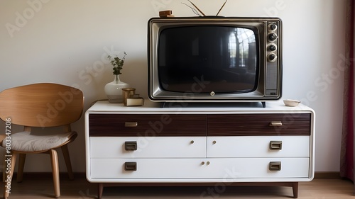 Television put on a wooden table, with a white backdrop and an old TV and metal jar resting on a wooden drawer chest. wall background that has faded. An old country house's interior from the 20th cent