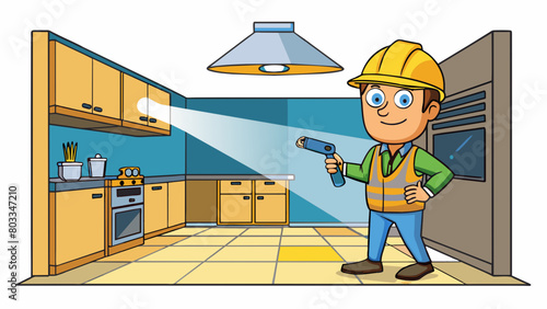 A home inspector stands in a kitchen shining a flashlight into a dark corner of the ceiling to check for any water damage or leaks. They also use a. Cartoon Vector