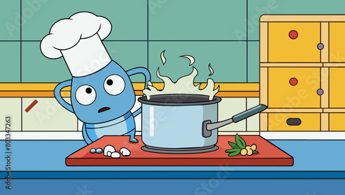 A kitchen mishap The pot of boiling water on the stove bubbled over spilling onto the countertop and burning the cooks hand. The pot handle had come. Cartoon Vector