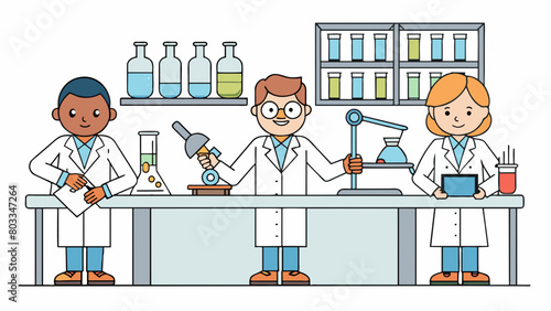 A laboratory with scientists wearing white coats and using microscopes and other specialized equipment. Shelves are lined with test tubes and beakers. Cartoon Vector