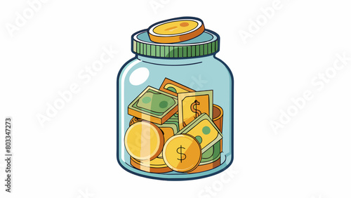 A jar filled with coins and bills representing the contribution of financial support to a charitable cause. Its characteristics include generosity and. Cartoon Vector