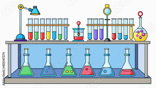 A laboratory filled with rows of shiny beakers and tubes bubbling with colorful liquids as students conduct experiments and make scientific. Cartoon Vector