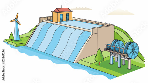 A hydroelectric generator hums quietly in a large dam harnessing the power of a strong river flow. Its main feature is a large spinning turbine that. Cartoon Vector