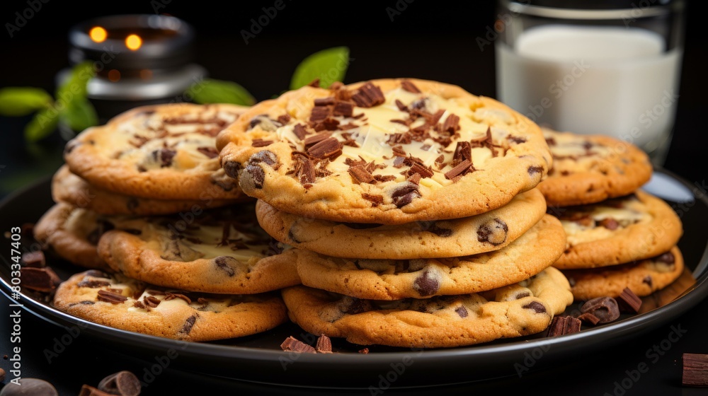A stack of chocolate chip cookies on a black plate with a glass of milk in the background